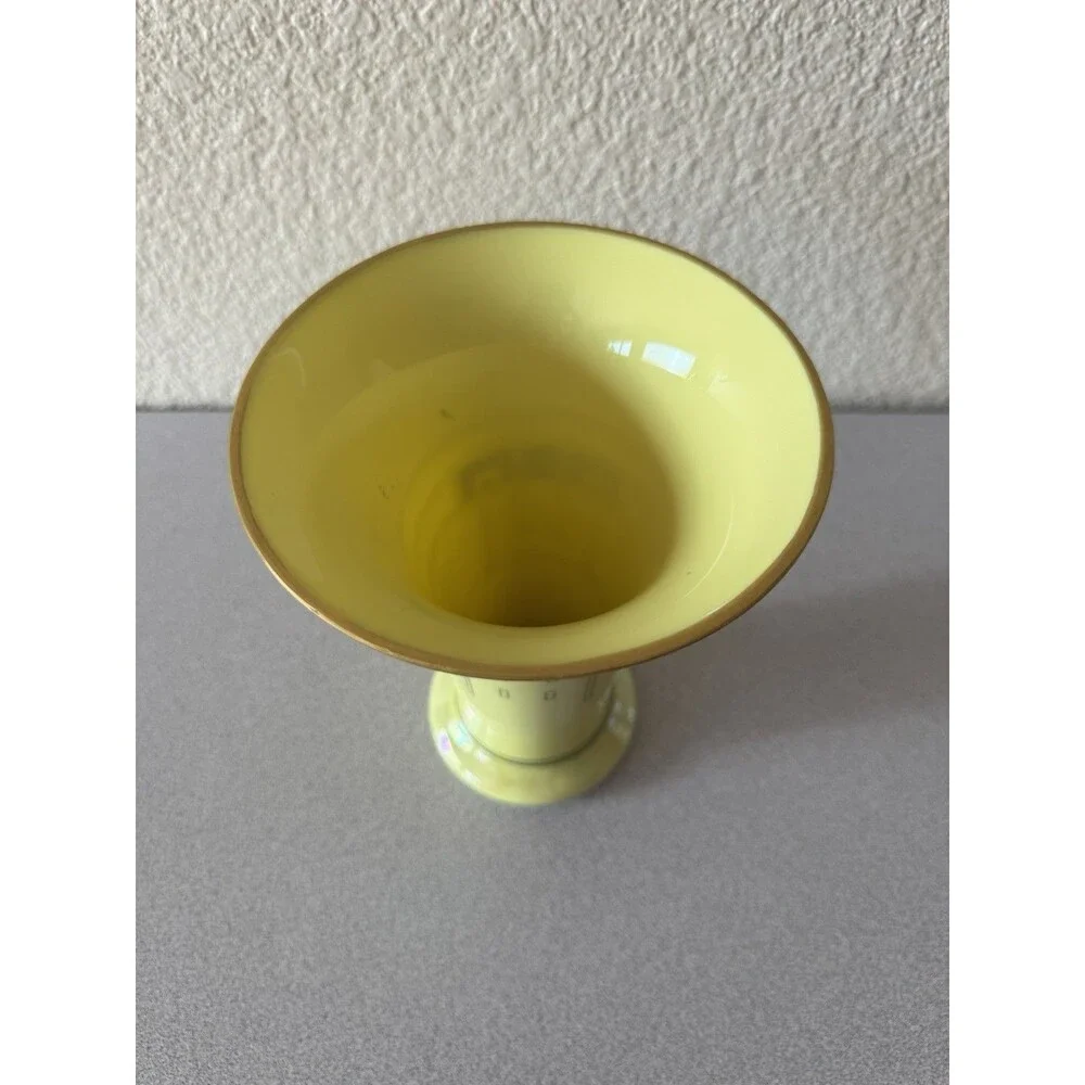 Vintage Art Deco Yellow Ceramic Vase Geometric Gold Black Trumpet 8” Unmarked